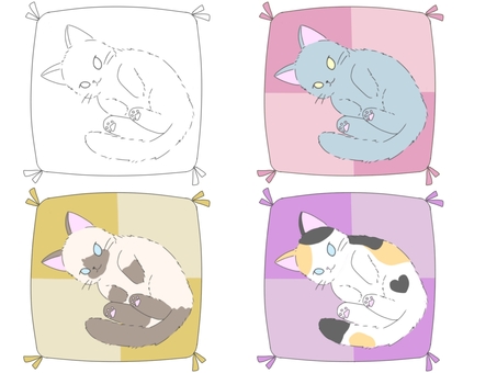 ゴロンする猫さん（座布団有りver） 猫,三毛猫,シャム猫,ロシアンブルー,座布団,市松模様,昼寝,寝る,リラックス,可愛いのイラスト素材