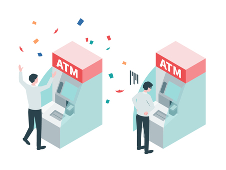 アイソメトリック_ATM喜ぶ人落ち込む人 アイソメトリック,立体,アイソメ,斜め上,atm,銀行,機械,口座,振込,貯金のイラスト素材