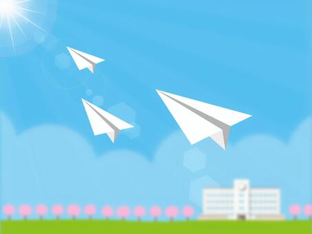 桜と学校と紙飛行機3つ 紙飛行機,桜,春,学校,校舎,校庭,光,風景,イラスト,素材のイラスト素材