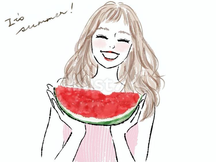 笑顔でスイカを食べる女性　夏　水彩 女性,スイカ,笑顔のイラスト素材