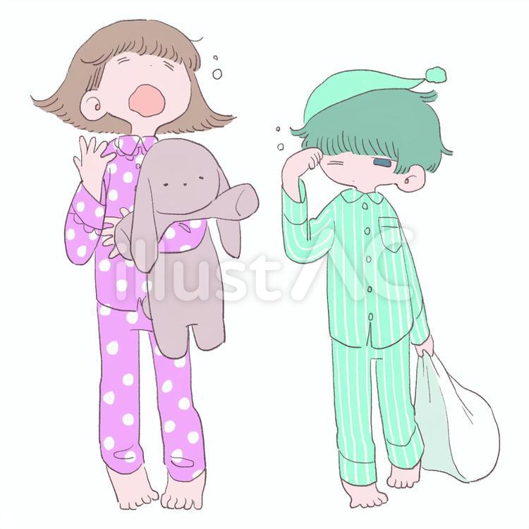 パジャマ姿の眠そうな女の子と男の子 パジャマ,手描き,かわいいのイラスト素材