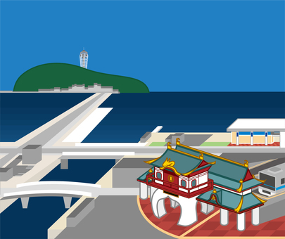 片瀬江ノ島駅からの江ノ島 江ノ島,片瀬江ノ島駅,小田急線,駅,電車,風景,江ノ島水族館,海,湘南,観光のイラスト素材