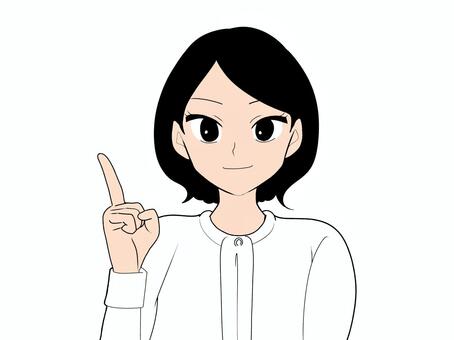 人差し指を立てる女性のイラスト 指を立てる,上半身,キャラクター,アニメ,ブラウス,ショートヘア,黒髪,ビジネス,ワンポイント,シンプルのイラスト素材
