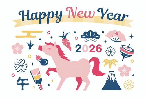 年賀状2026_馬と和飾り_おしゃれ_3 年賀状,馬,おしゃれ,かわいい,和風,2026年,2026,午,午年,テンプレートのイラスト素材