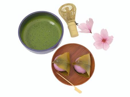 春の花見の桜餅と抹茶と桜の花 桜餅,和菓子,抹茶,茶筅,春,スィーツ,甘味のイラスト素材