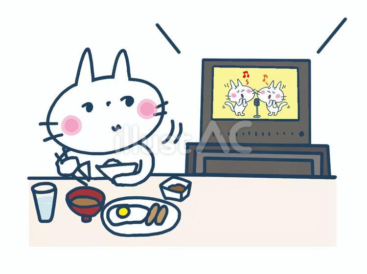 ご飯中にテレビをみる猫 猫,ご飯,テレビのイラスト素材