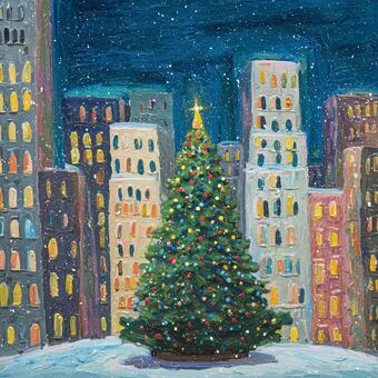 クリスマスツリーと街並み 街並み,クリスマスツリー,油絵風,絵本風,イルミネーション,町,街,夜,イラスト素材,ツリーのイラスト素材