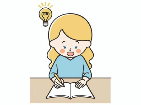 問題が解ける白人女性 女性,外国人,留学生,勉強,宿題,学習,学ぶ,学び,テスト,課題のイラスト素材