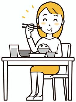  ロングヘア女性(黄)-383-全身 おいしい,女性,女の子,人物,かわいい,美味しい,食べる,食事,夕食,昼食のイラスト素材