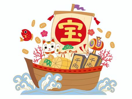 かわいい宝船 カラフル かわいい宝船 カラフル 宝船,招き猫,鯛,打ち出の小槌,千両箱,招福,米俵,俵,珊瑚,小判のイラスト素材