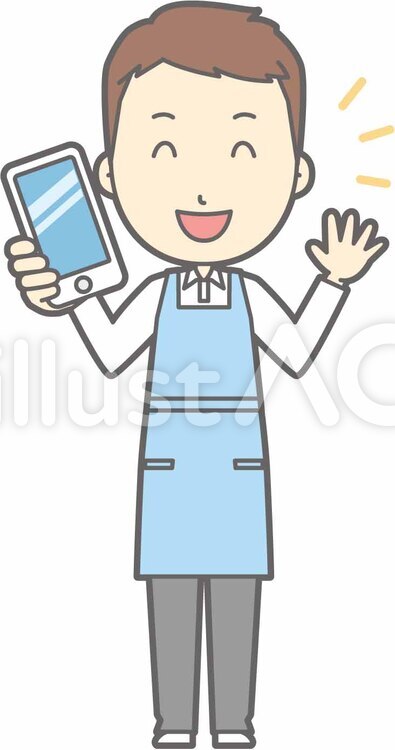 エプロン主夫-スマホ持つ-全身 かわいい,主夫,イクメンのイラスト素材