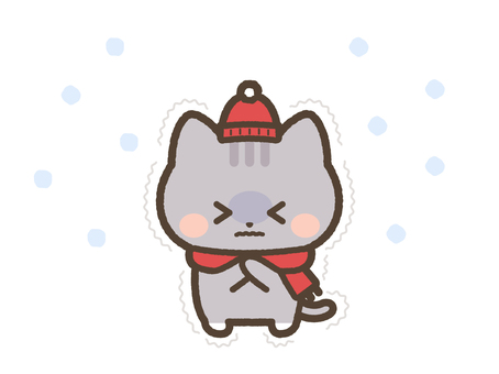 寒さで震える冬の装いのねこ（サバトラ） ねこ,雪,寒い,寒さ,震える,マフラー,帽子,防寒,装い,冬のイラスト素材