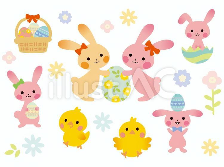 イースターうさぎ＆ひよこ うさぎ,ひよこ,イースターのイラスト素材