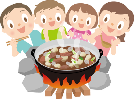 芋煮会かまどと家族 芋煮会,芋煮,家族,薪,かまど,石,アウトドア,河原,里芋,山形のイラスト素材