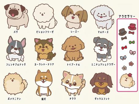 ゆるい手書き風小さめな犬のセット 犬,トイプードル,チワワ,ポメラニアン,柴犬,ダックスフンド,マルチーズ,シーズー,パグ,フレンチブルドッグのイラスト素材