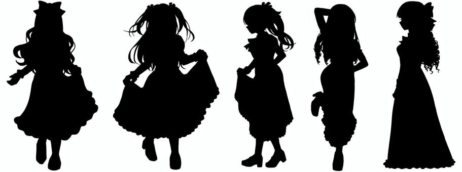 お嬢様全身立ち絵シルエットセット1 お嬢様,女の子,シルエット,セット,少女,女性,立ち絵,trpg,全身,横顔のイラスト素材