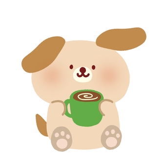 コーヒーカップを持って座る犬 コーヒー,犬,カップ,飲み物,動物,座る,絵本,ふんわり,可愛い,ゆるかわのイラスト素材