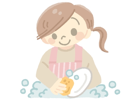 皿洗いをする女性 皿洗い,食器,洗う,女性,家事,スポンジ,お皿,洗剤,泡,水のイラスト素材