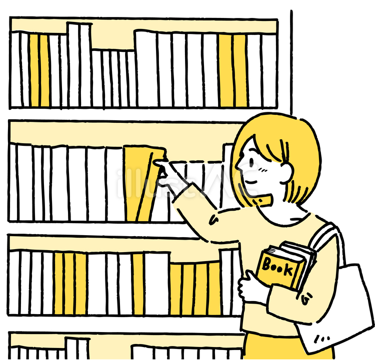 図書館　書店の本棚の前で本を選ぶ女性 女性,人物,一人のイラスト素材