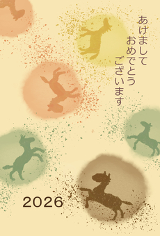 2026うま年賀状 うま,午,馬,年賀状,新年,跳ぶ,水玉,しぶき,メルヘン,ほのぼののイラスト素材