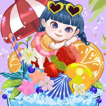 夏 夏,女の子,果物,浮き輪,パラソルのイラスト素材