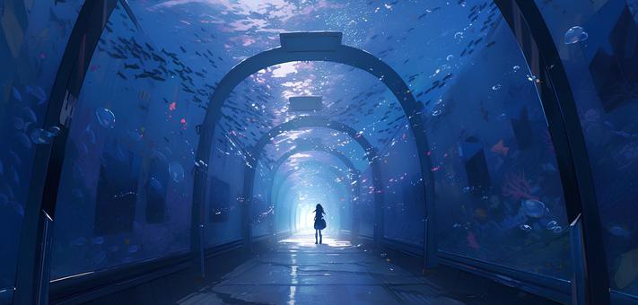 插图, 水族馆, 少女, 背景, 