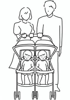 双子専用ベビーカーと女児と夫婦　線画 ベビーカー,双子,専用,女児,子供,夫婦,親子,線画のイラスト素材