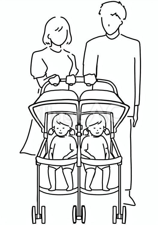 双子専用ベビーカーと女児と夫婦　線画 ベビーカー,双子,専用のイラスト素材