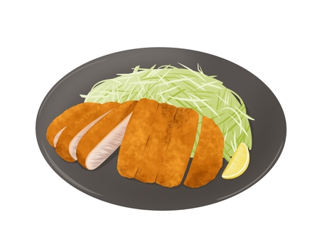 とんかつ とんかつ,豚肉,千切りキャベツ,レモン,揚げ物,和食,食べ物,手描き,フリー,素材のイラスト素材