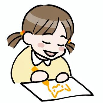 お絵描きをする子供　落書き風　女の子 お絵描き,子供,女の子,ツインテール,猫,笑顔,バストアップ,落書きのイラスト素材