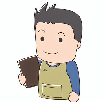 エプロンを着けてメニューを持つ男性 スタッフ,店員,男性,男,バイト,パート,オーナー,店主,店長,メニューのイラスト素材