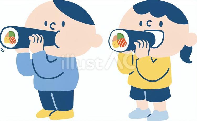 恵方巻きを食べる男女 人物,無料,手描きのイラスト素材