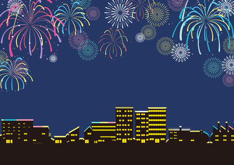 夏の打ち上げ花火と夜の都会の背景素材 夏,花火,夜空,都会,街,ビル,背景のイラスト素材
