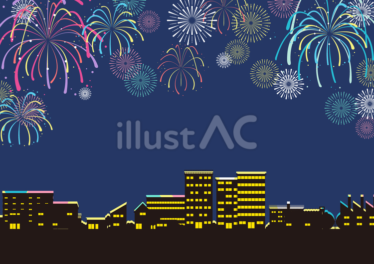 夏の打ち上げ花火と夜の都会の背景素材 夏,花火,夜空のイラスト素材