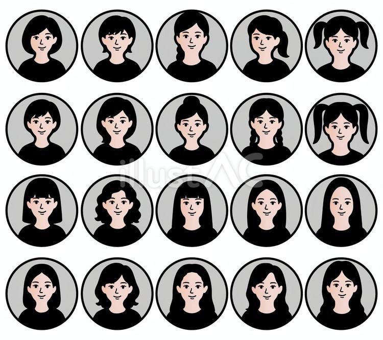 女性アイコン枠付き顔ありセット 女性,人物,バストアップのイラスト素材