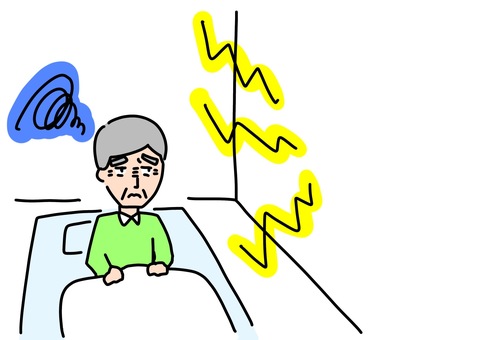 隣部屋からの騒音に悩むおじいさん　カラー 隣人,騒音,トラブル,迷惑,ストレス,寝室,おじいさん,高齢者,男性,カラーのイラスト素材