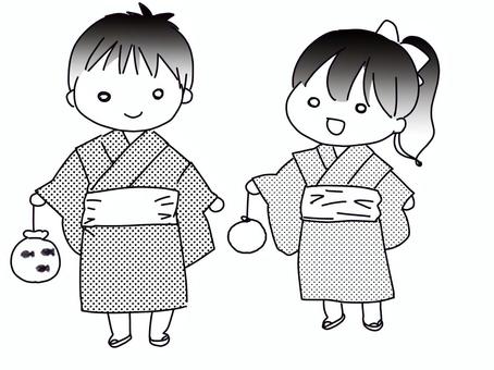 おまつりのこども 祭り,こども,浴衣,ヨーヨー,金魚すくい,モノクロのイラスト素材