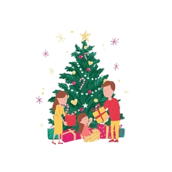 Illustration, christmas tree, present, family, 