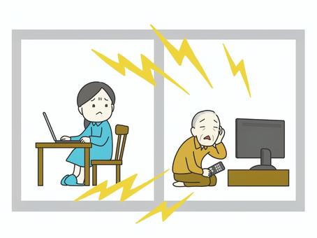 騒音トラブル 騒音,トラブル,隣,近所,マンション,アパート,テレビ,おじいさん,高齢者,高齢男性のイラスト素材