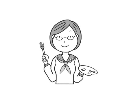 道具を持った学校の部活の美術部の女生徒 美術部,美術,女の子,手描き,絵具,筆,パレット,趣味,笑顔,絵画制作のイラスト素材