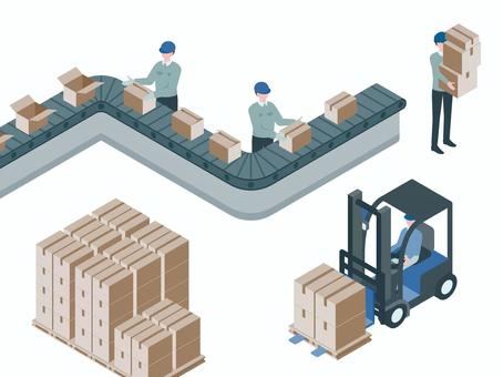 アイソメトリック_工場_ベルトコンベア アイソメトリック,立体,アイソメ,斜め上,倉庫,物流,フォークリフト,出荷準備,在庫管理,荷積みのイラスト素材