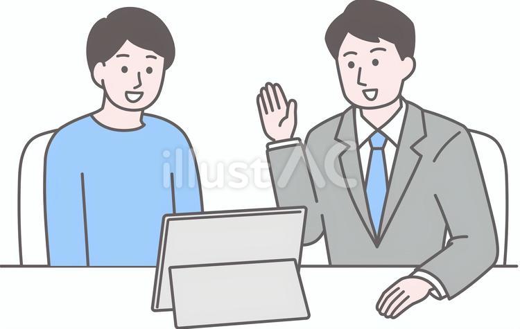 相談する男性　案内する男性スタッフ 相談,男性,スタッフのイラスト素材