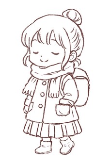 冬服の女の子シンプル白黒デフォルメ 女の子,シンプル,白,デフォルメ,冬,マフラー,コート,おだんご,リュックのイラスト素材