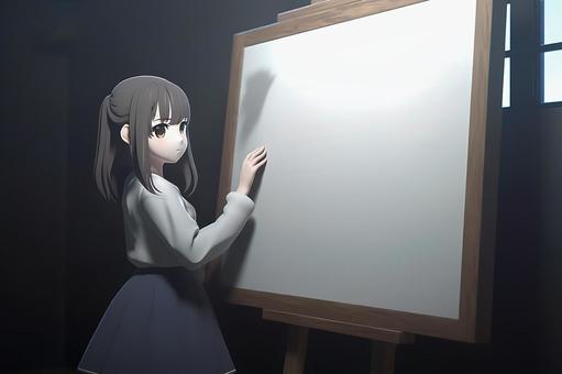 暗い部屋に浮かぶホワイトボードと少女