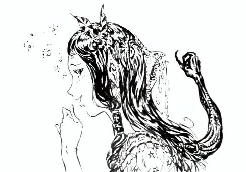 二口女はぶ厚いのがお好き 二口女,妖怪,お化け,女性,口,よだれ,奇形,モノクロ,手描き,手書きのイラスト素材
