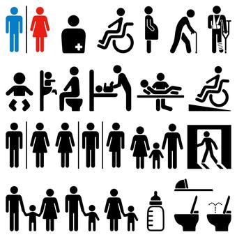 公共施設の標識セット 男性,女性,性別,オストメイト,障害者,人工肛門,車椅子,妊婦,高齢者,お年寄りのイラスト素材