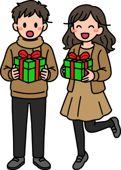 プレゼントを持つ茶色の男子女子です。 プレゼント,シンプル,貰う,渡す,ギフト,贈り物,シーン,祝う,イベント,パーティーのイラスト素材