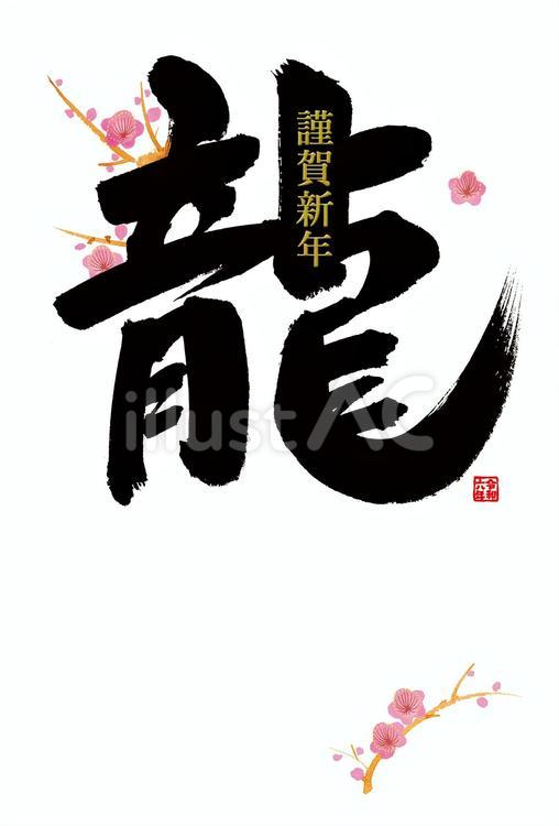 「龍」筆文字と梅枝の年賀状 年賀状,辰年,正月のイラスト素材