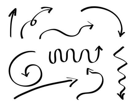 手書き風・落書き風の矢印セット 矢印,手書き,落書き,スケッチ,線画,ラインアート,曲線,ギザギザ,渦巻き,くるくるのイラスト素材
