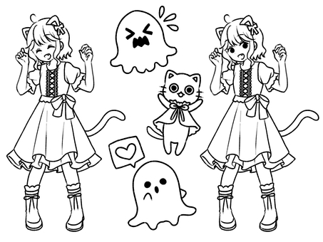 猫耳の女の子の可愛いイラスト/ぬり絵 2 ハロウィン,秋,10月,イベント,行事,女の子,女性,人物,仮装,猫耳のイラスト素材